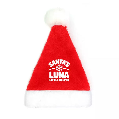 Red plush pet Santa hat featuring a personalized LUNA name, white snowflake, and Santa's Little Helper design.