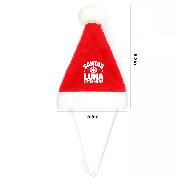 Size guide for a personalized pet Santa hat showing approximately 8.2-inch height and 5.5-inch width.