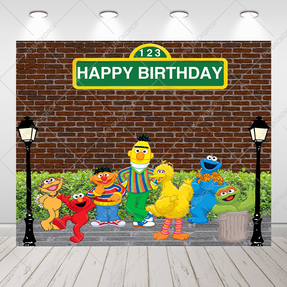 Sesame Street Characters Brick Wall Birthday Party Backdrop