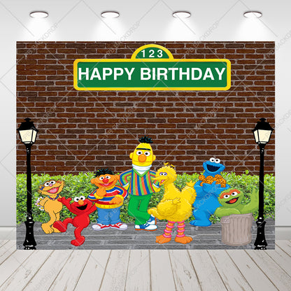 Sesame Street Characters Brick Wall Birthday Party Backdrop