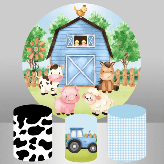 Позадина округлог круга за дечије рођендане у плавој штали са фармским животињама