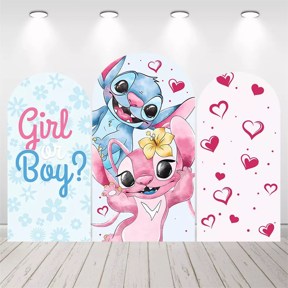 Stitch and Angel Gender Reveal Arched Backdrop Girl or Boy Photo Background