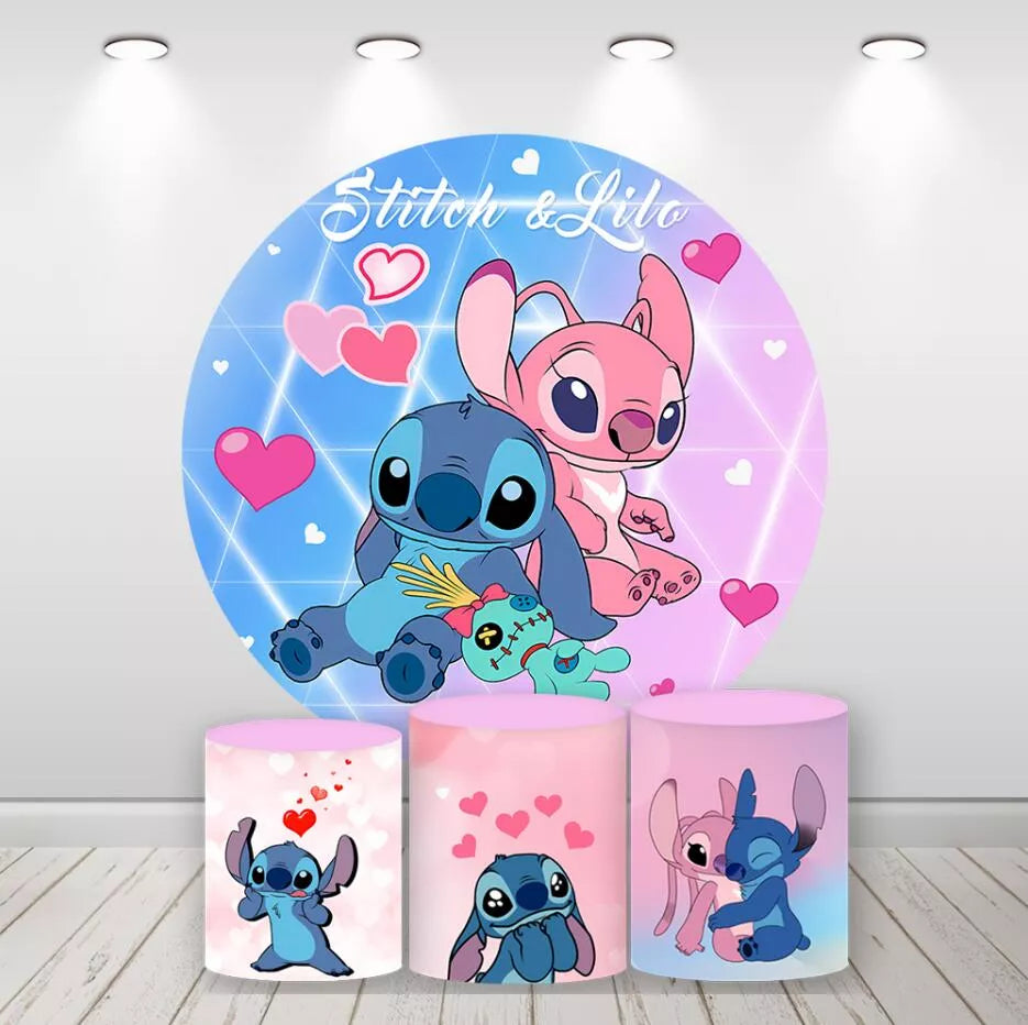 Stitch and Angel Love Round Backdrop Pink Blue Heart Lilo & Stitch Photo Background