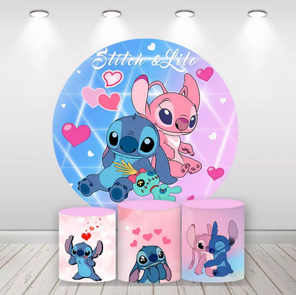 Stitch and Angel Love Round Backdrop Pink Blue Heart Lilo & Stitch Photo Background