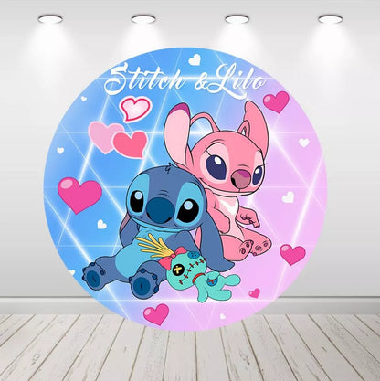 Stitch and Angel Love Round Backdrop Pink Blue Heart Lilo & Stitch Photo Background