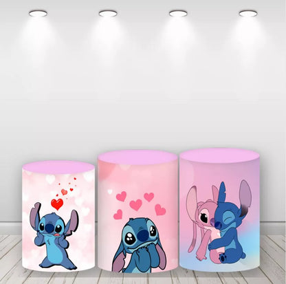 Stitch and Angel Love Round Backdrop Pink Blue Heart Lilo & Stitch Photo Background