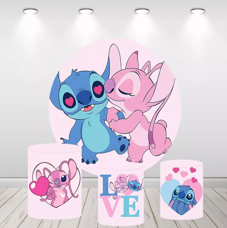 Stitch and Angel Love Round Backdrop Pink Heart Party Decor Birthday Banner