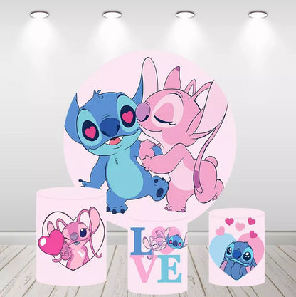 Stitch and Angel Love Round Backdrop Pink Heart Party Decor Birthday Banner