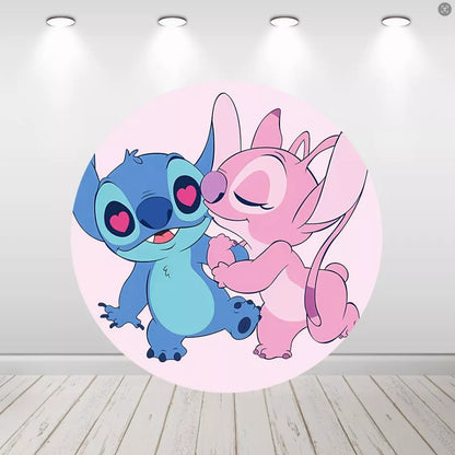 Stitch and Angel Love Round Backdrop Pink Heart Party Decor Birthday Banner