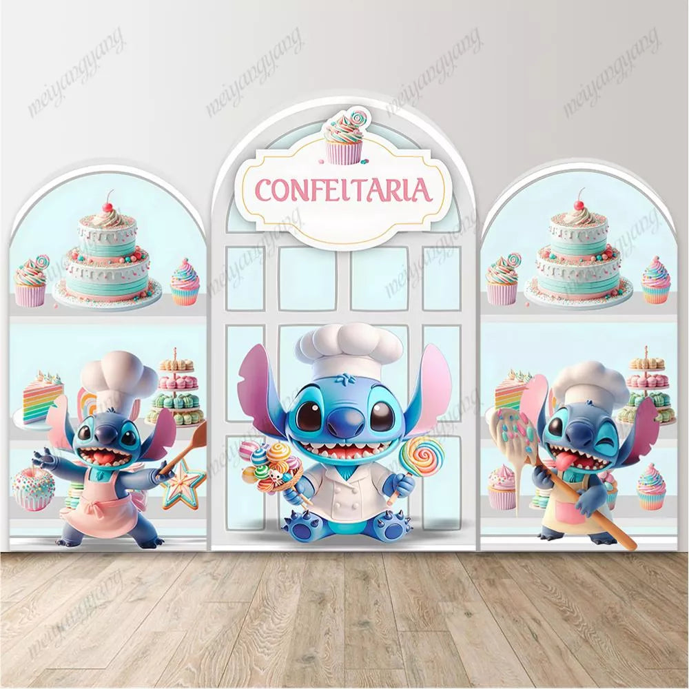Stitch Chef Bakery Arched Backdrop Photo Background for Kids Birthday Party