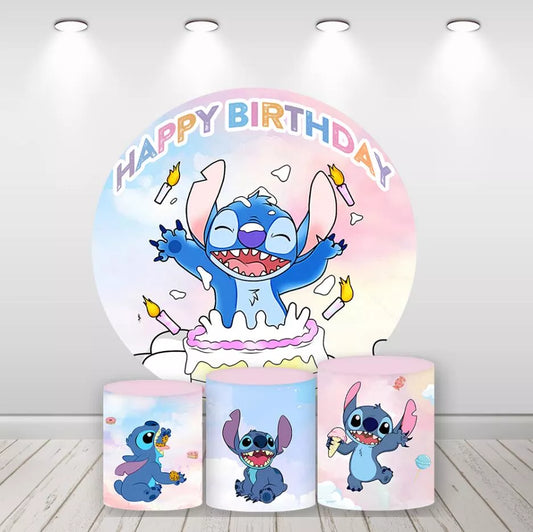 Stitch Happy Birthday Round Backdrop Lilo & Stitch Photo Background for Kids Birthday