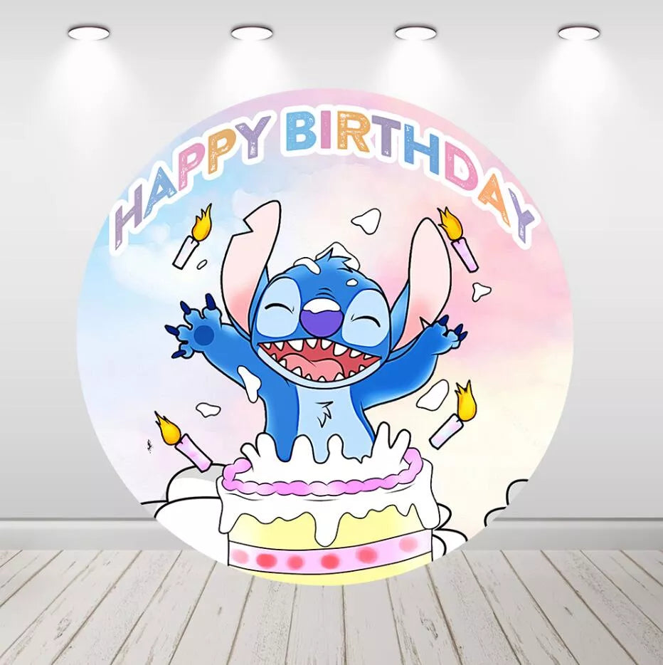Stitch Happy Birthday Round Backdrop Lilo & Stitch Photo Background for Kids Birthday