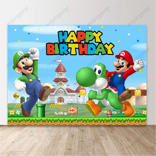 Super Mario Yoshi Luigi Birthday Backdrop Mushroom Kingdom Castle Party Background