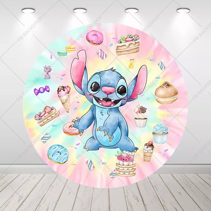 Sweet Stitch Candy Donut Round Backdrop Lilo and Stitch Birthday Party Decor