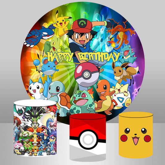 Pokemon Round Backdrop Kids Birthday Party Circle Background Baby Shower Plinth Cover