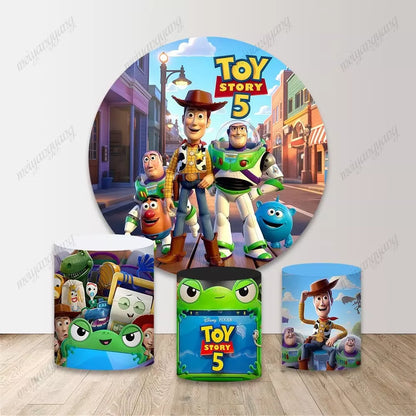 Toy Story 5 Woody Buzz Lightyear Kids Birthday Baby Shower Round Backdrop