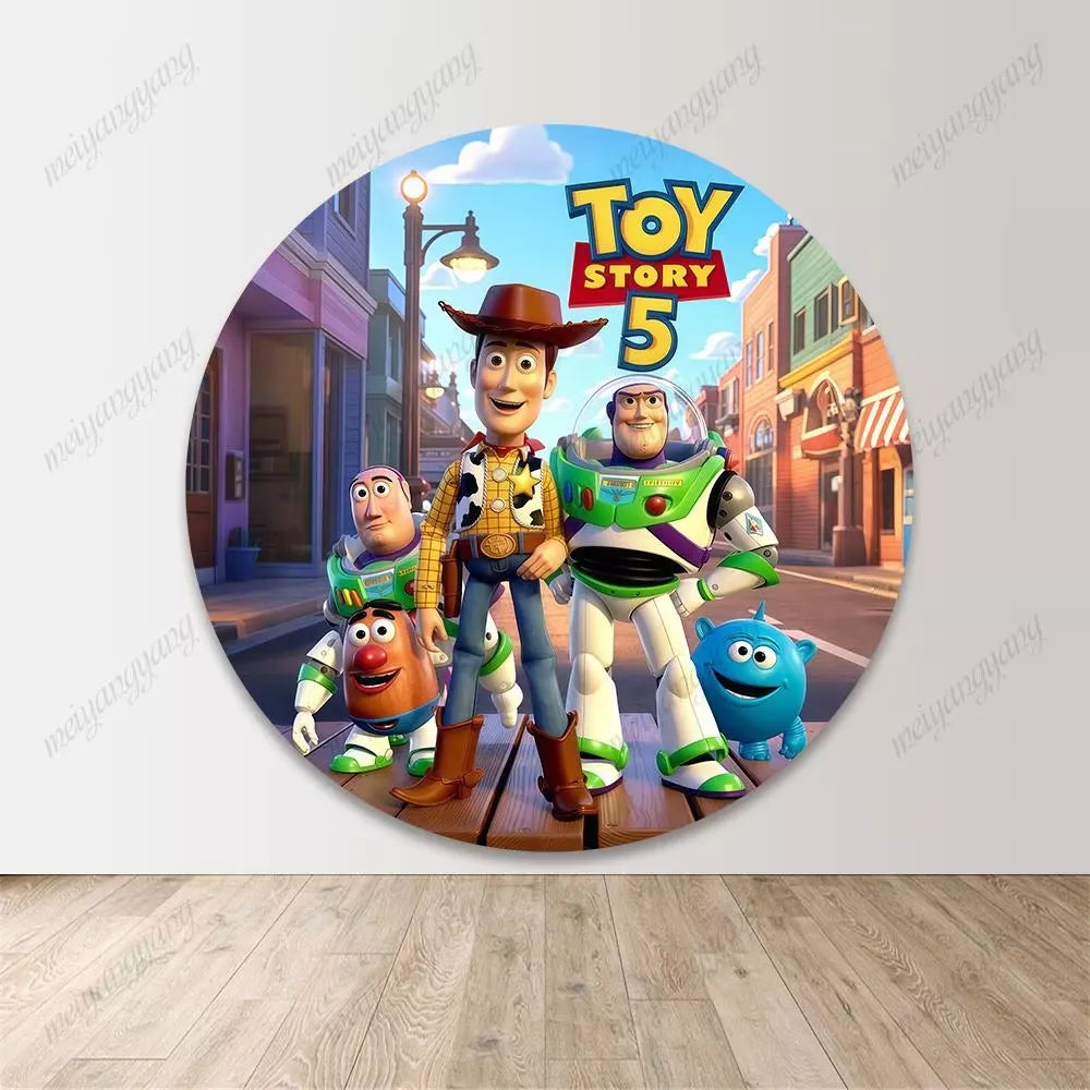 Toy Story 5 Woody Buzz Lightyear Kids Birthday Baby Shower Round Backdrop
