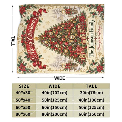 Size guide for personalized family Christmas blanket with 40x30, 50x40, 60x50 and 80x60 inch size options.