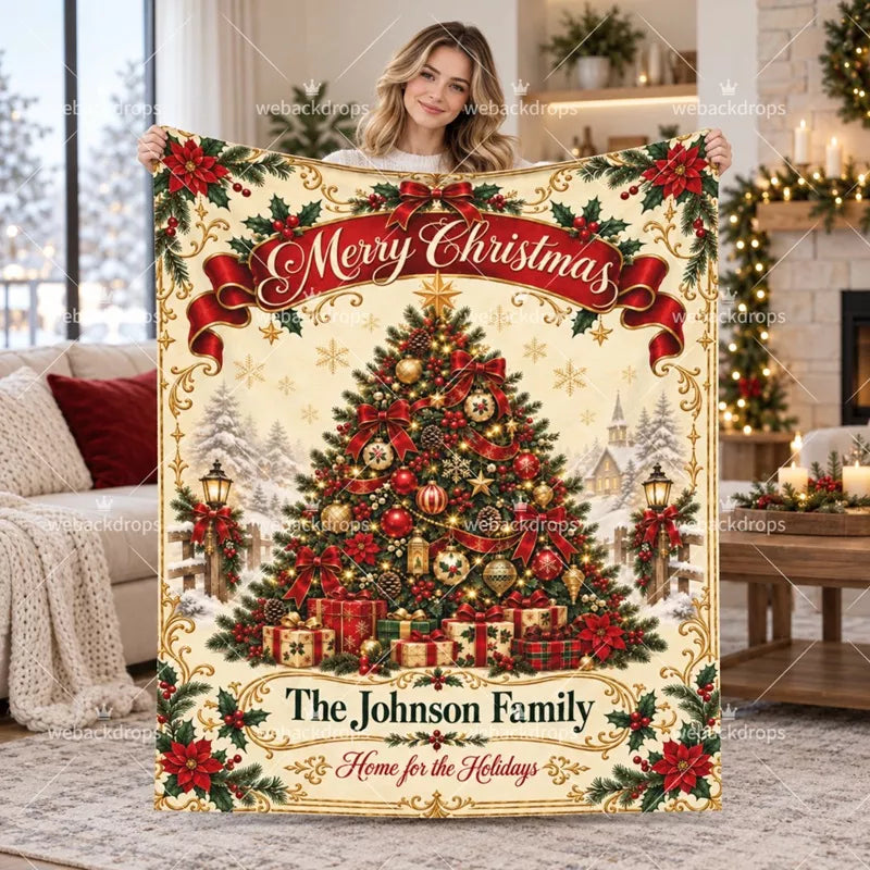 Personalized Christmas blanket with custom family name, vintage red ribbon, decorated Christmas tree and snowy winter village design.
