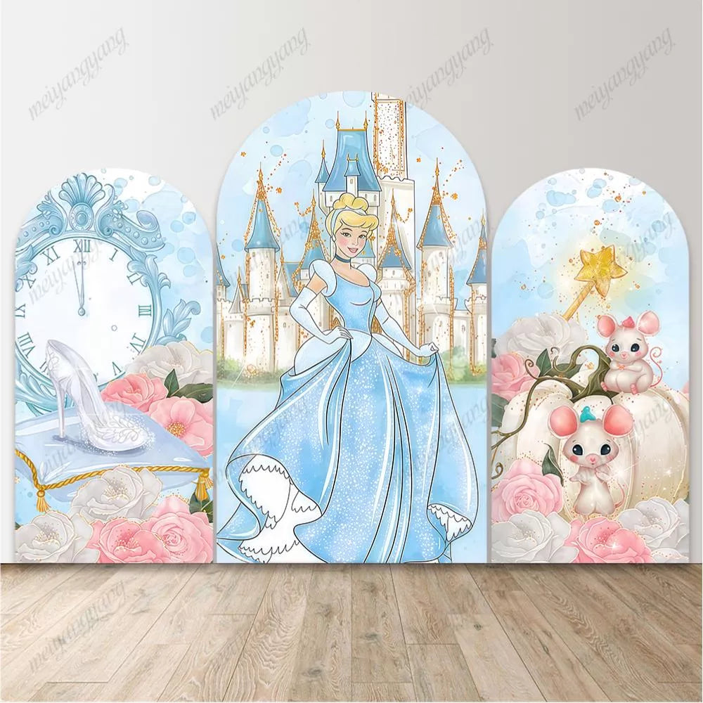 Watercolor Cinderella Arch Backdrop Blue Castle Clock Girls Birthday Party Background
