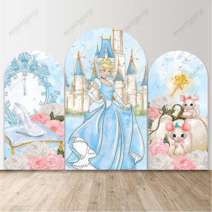 Watercolor Cinderella Arch Backdrop Blue Castle Clock Girls Birthday Party Background