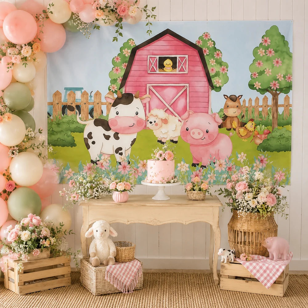 Watercolor farm animals pink barn backdrop with cow, pig, sheep, horse and chick for a kids birthday party or baby shower.