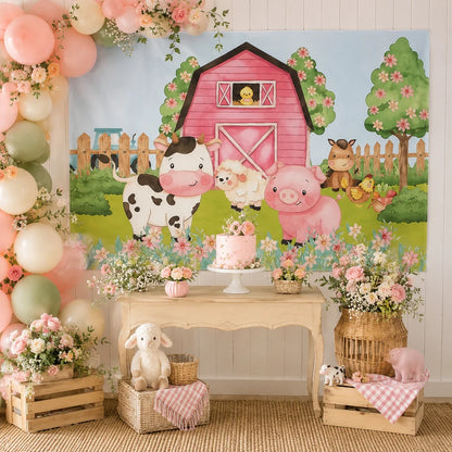 Watercolor farm animals pink barn backdrop with cow, pig, sheep, horse and chick for a kids birthday party or baby shower.