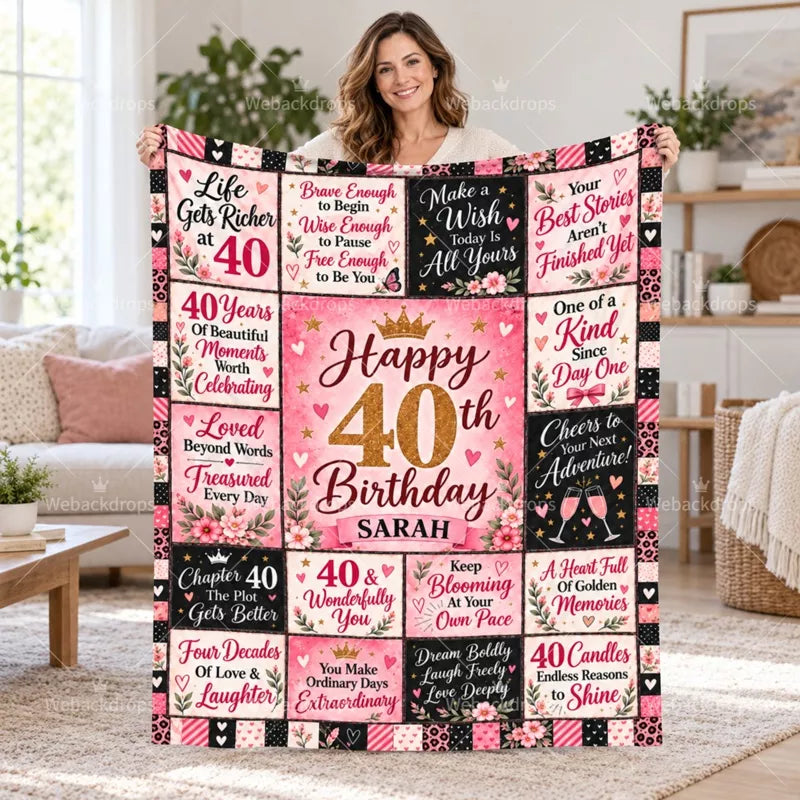 Woman holding a personalized 40th birthday blanket with floral quotes, gold number 30 and custom name SARAH