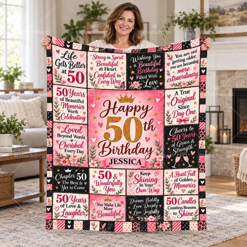 Woman holding a personalized 50th birthday blanket with floral quotes, gold number 30 and custom name Jessica