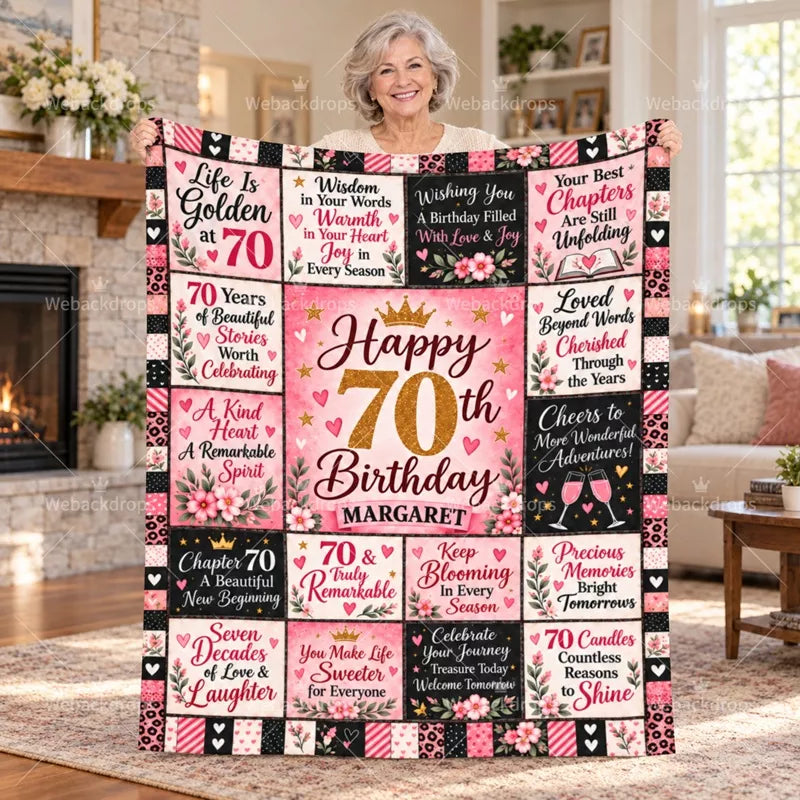 Woman holding a personalized 70th birthday blanket with floral quotes, gold number 30 and custom name MARGARET