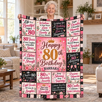 Woman holding a personalized 80th birthday blanket with floral quotes, gold number 30 and custom name BARBARA