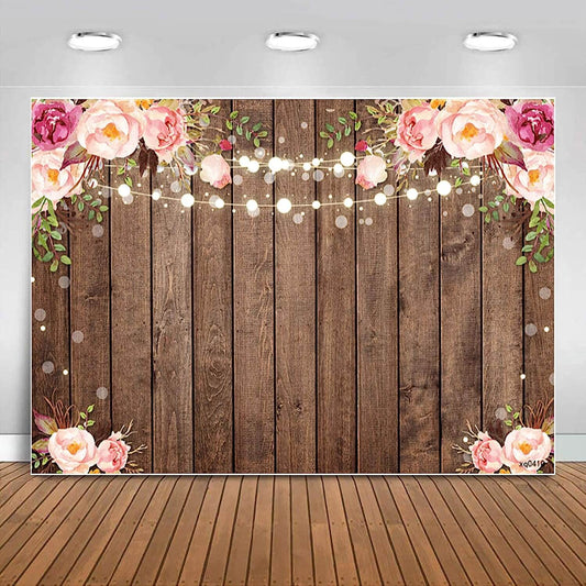 Banner pentru petrecere de zi de naștere cu flori din lemn rustic, fundal foto pentru duș de mireasă