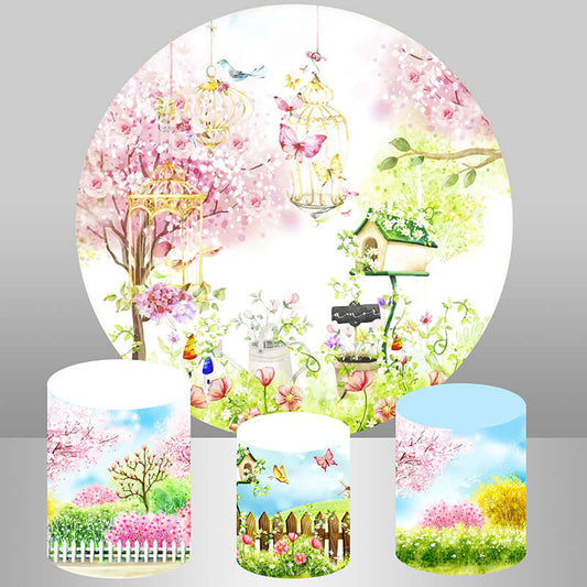 Toile de fond ronde de jardin de printemps, décoration d'anniversaire pour enfants