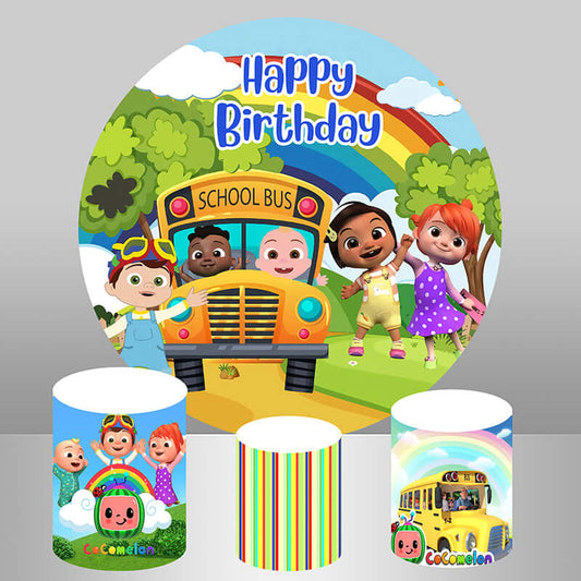 Cocomelon Kids Verjaardag Ronde Achtergrond Party Decor Cilinderhoezen