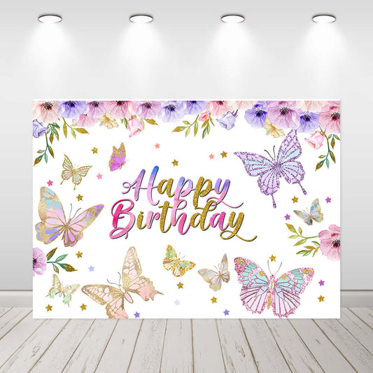 Violetti perhonen tausta, kukkainen vastasyntyneen syntymäpäiväjuhlien valokuvatausta