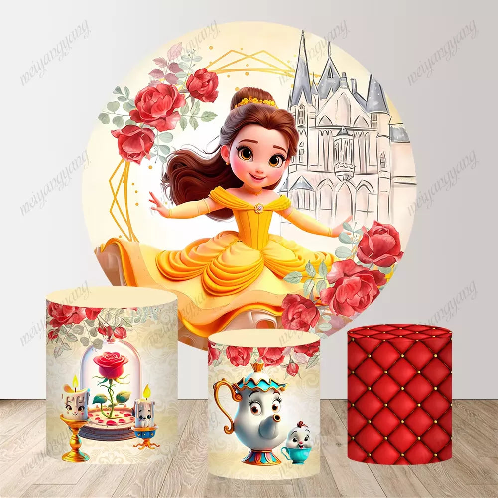 Yellow Gown Belle Red Rose Round Backdrop Girls Birthday Party Decoration