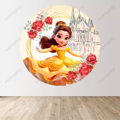 Yellow Gown Belle Red Rose Round Backdrop Girls Birthday Party Decoration