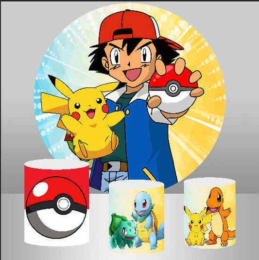 Toile de fond ronde Pokemon, décoration de fête d'anniversaire pour garçons, arrière-plan de photographie, couverture cylindrique de réception-cadeau pour bébé